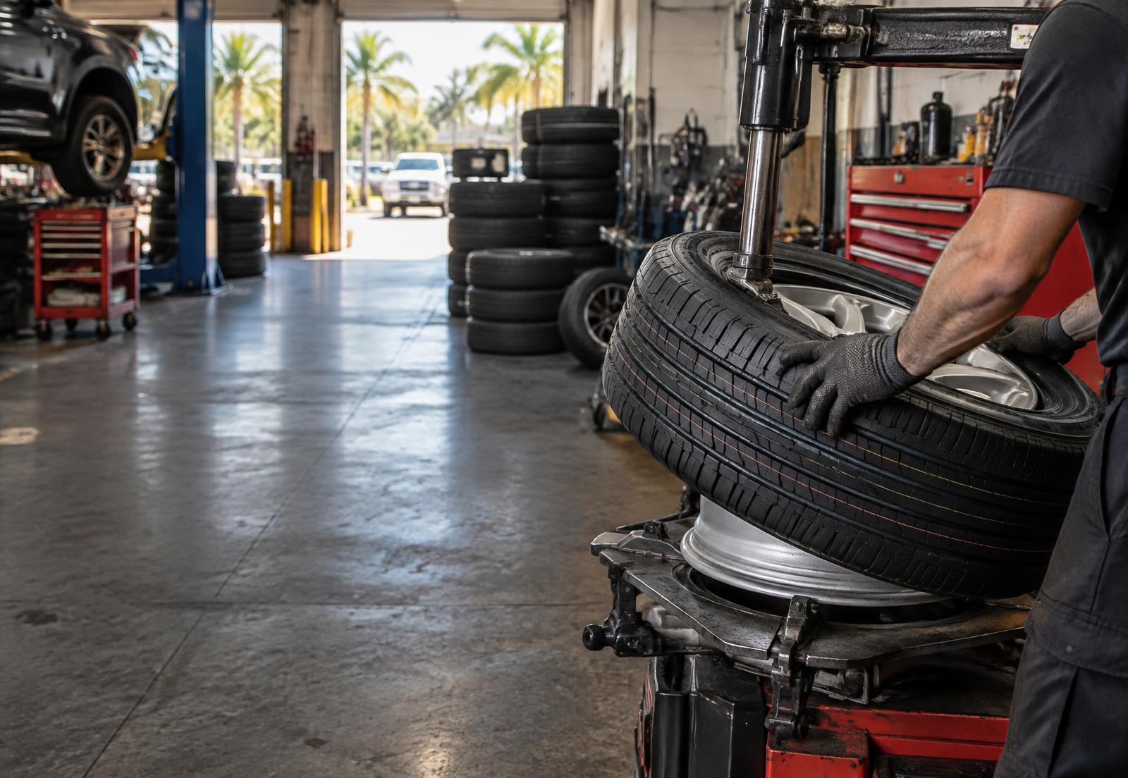 Mechanic mounting a tire in a busy automotive workshop